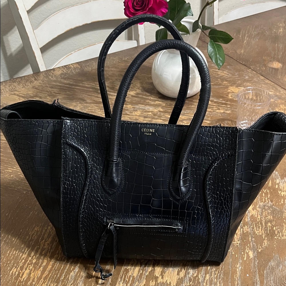 Black Croc-Embossed Leather Tote